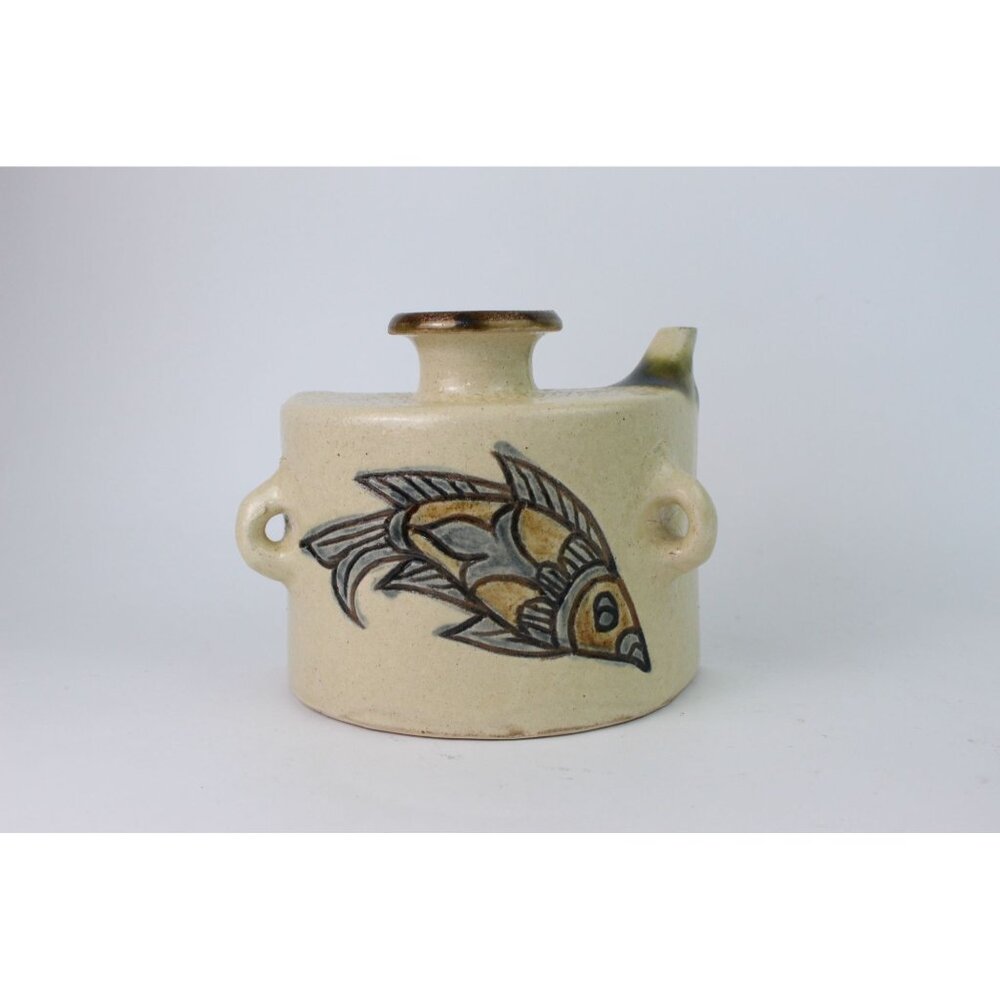 Vintage Studio Pottery Spouted Vessel with Fish Motif, Handcrafted Ceramic, 1970